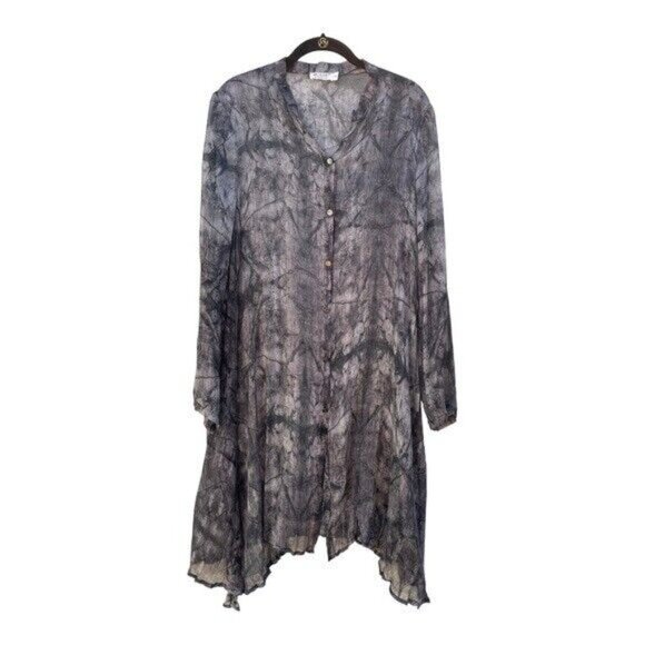 MC Planet Women's Black & Grey Marble Button-Down Long Sleeve Sheer Tunic Sz 10 - Picture 1 of 10